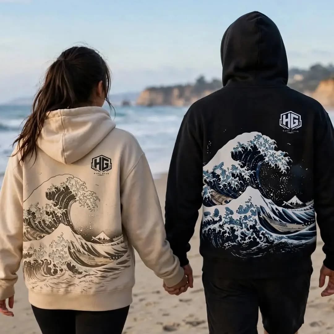 Um casal de costas na praia, de mãos dadas, com os moletons HG areia e preto e a grande onda japonesa estampada nas costas